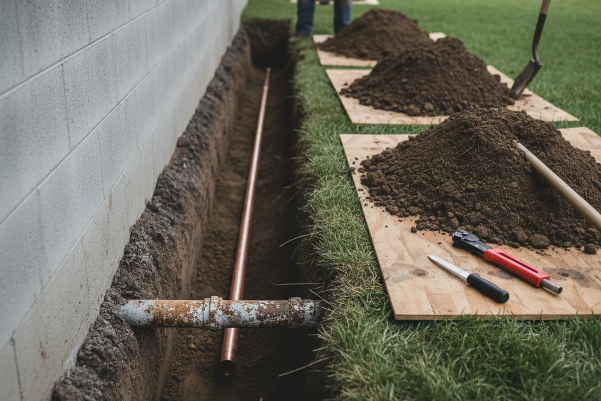 Excavated water line trench during Water Heater Repair in Cynthiana